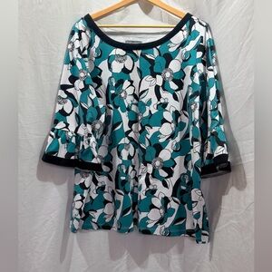 Jessica London Teal White Black Floral Bell-Sleeve Top